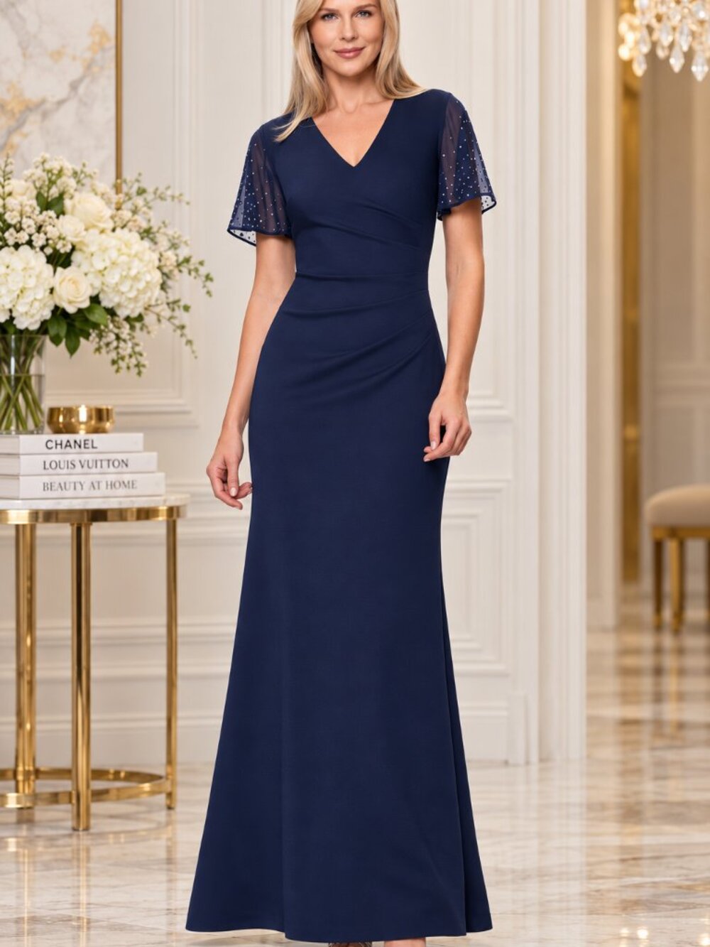 XSCAPE 6 Navy V-Neck Rhinestone Flutter Sleeve Long Formal Gown NWT